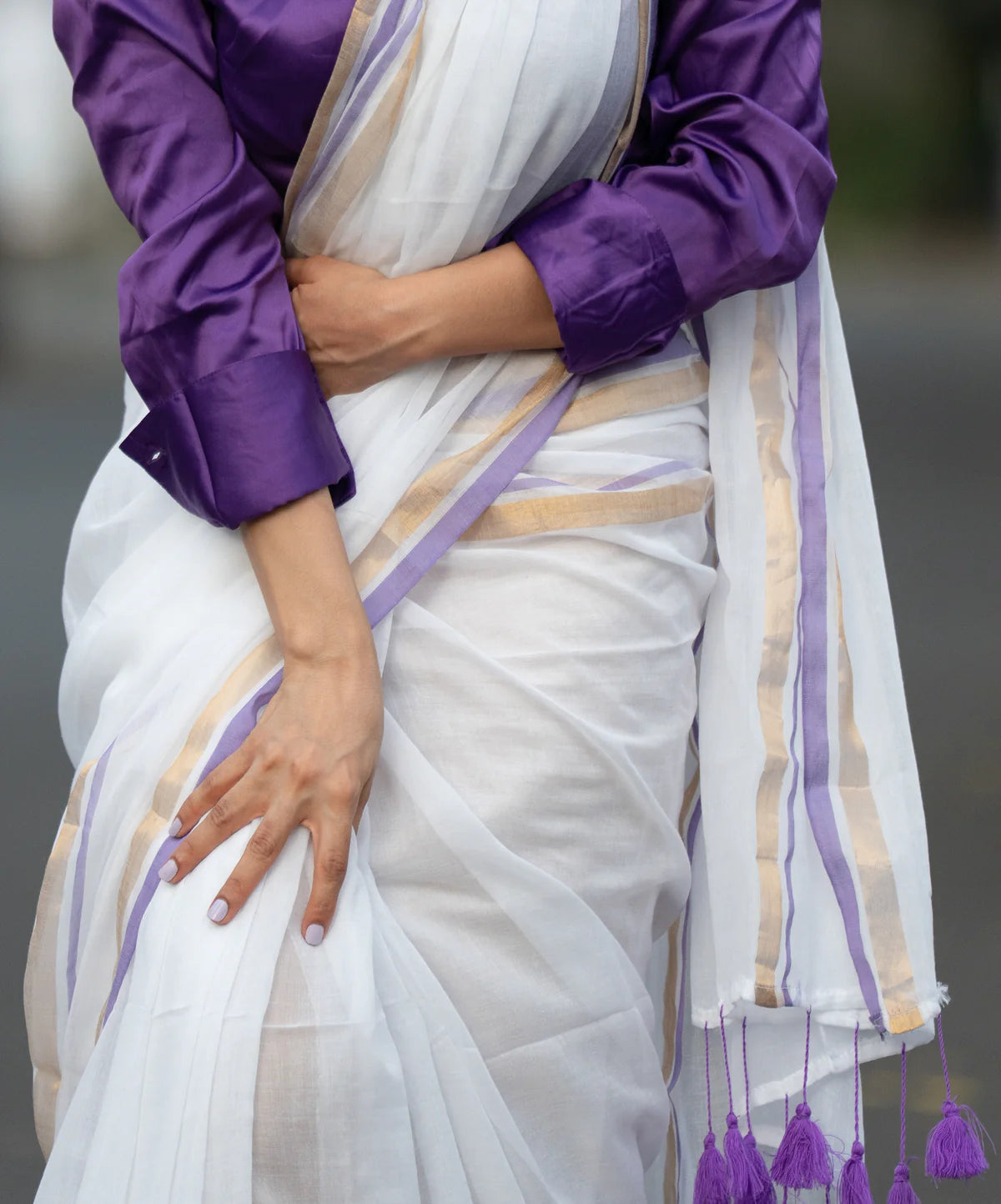 Manga - Lavender and White Mul Cotton Saree | Kerala Onam Saree