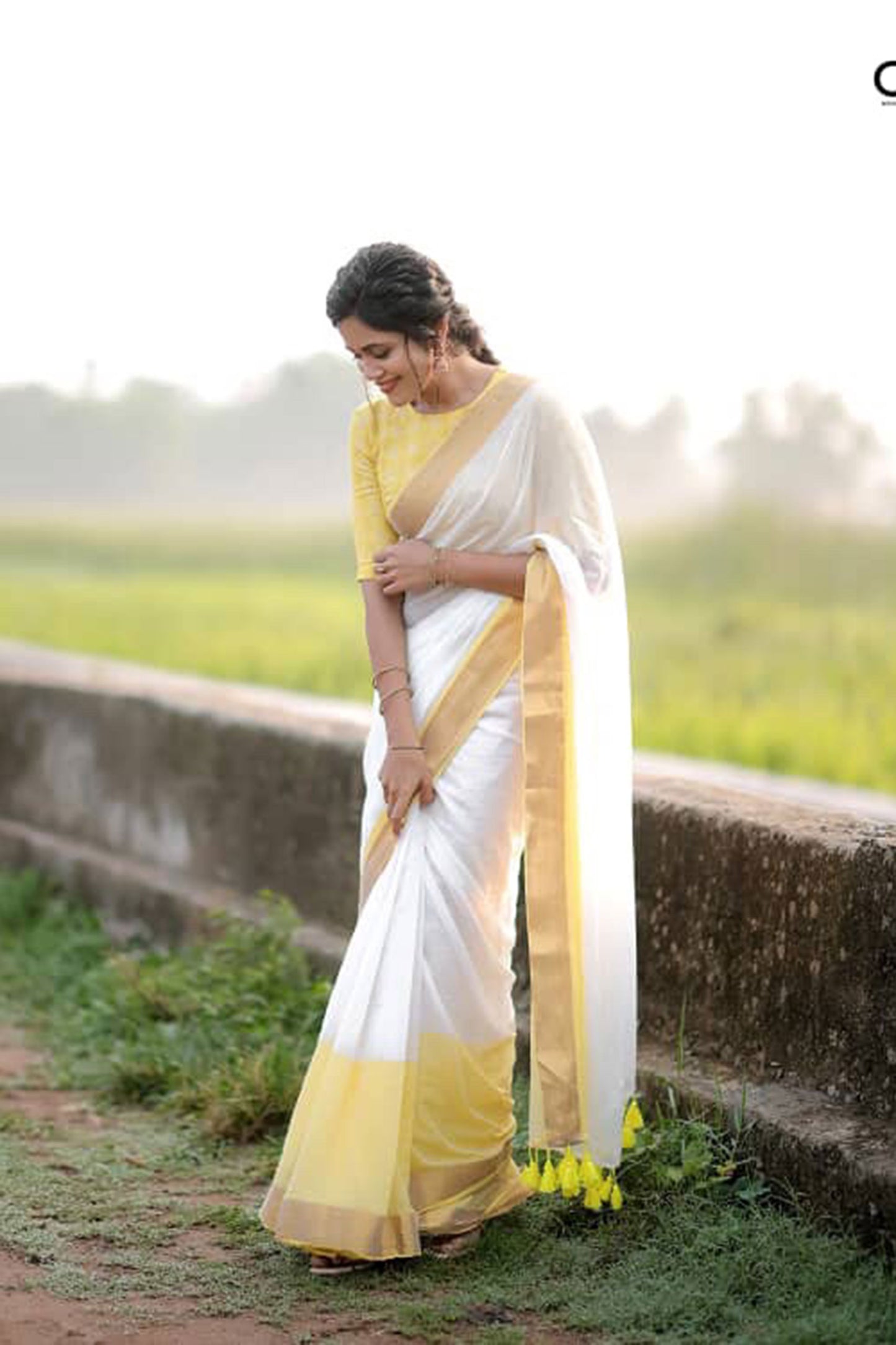 Manga - Yellow Tie Die Mul Cotton Saree | Kerala Onam Saree
