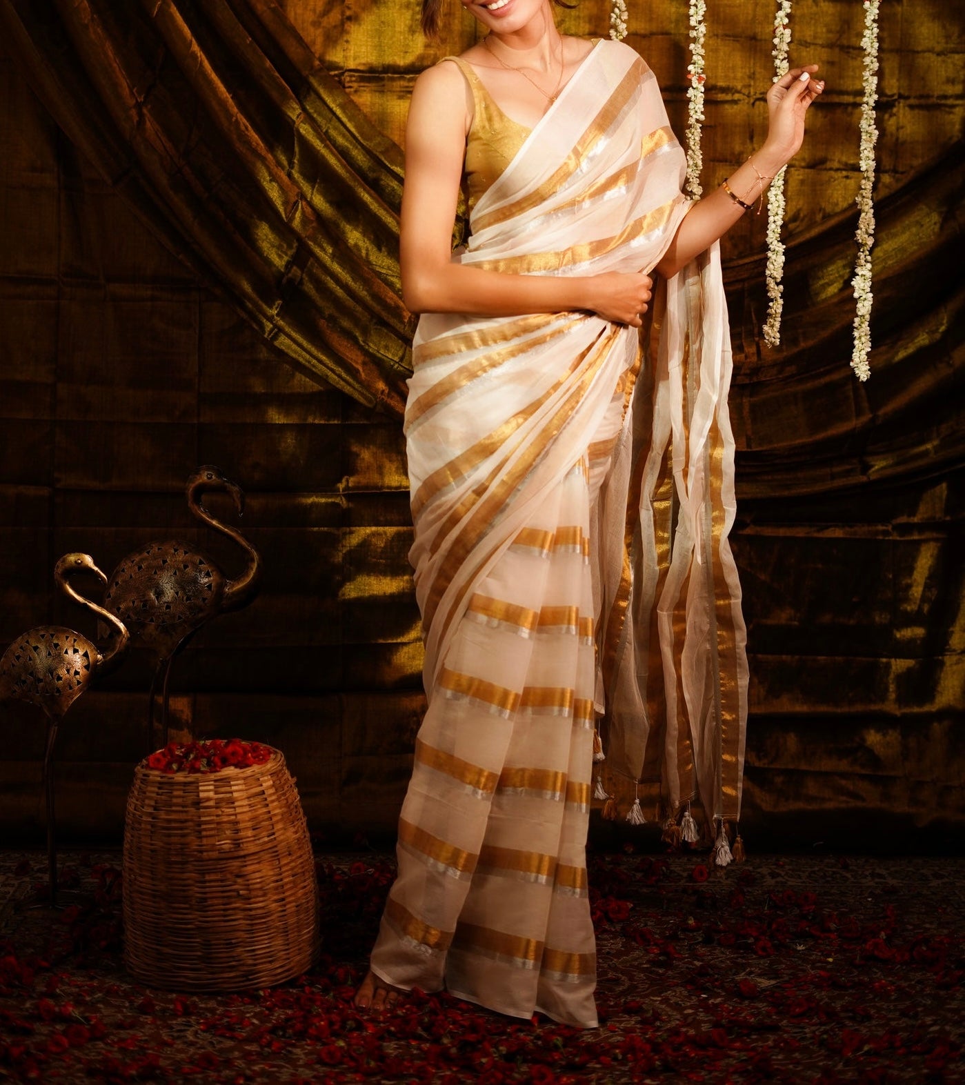 Mridula - Off White Stripes Mul Cotton Saree | Kerala Onam Saree