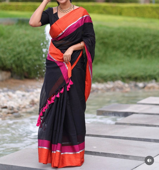 Rang - Black - Orange and Pink Mul Cotton Saree