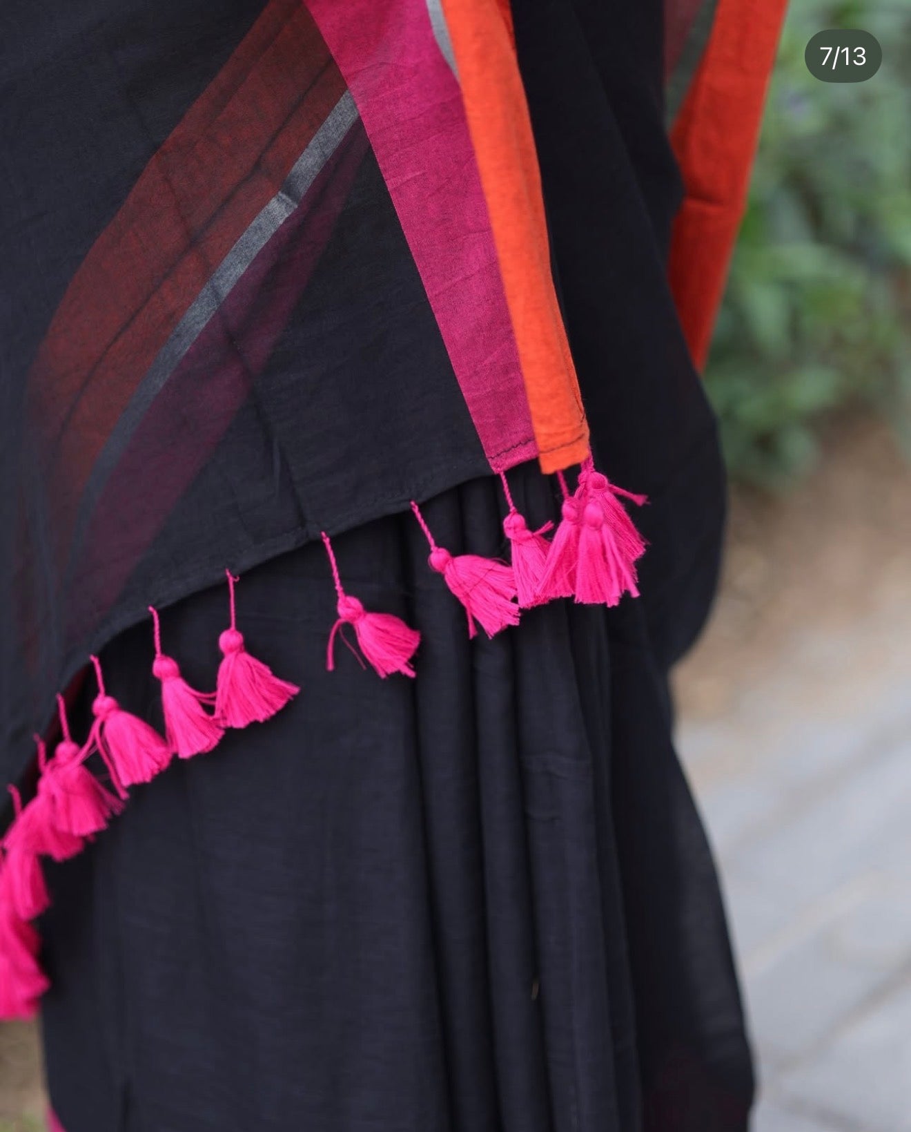 Rang - Black - Orange and Pink Mul Cotton Saree
