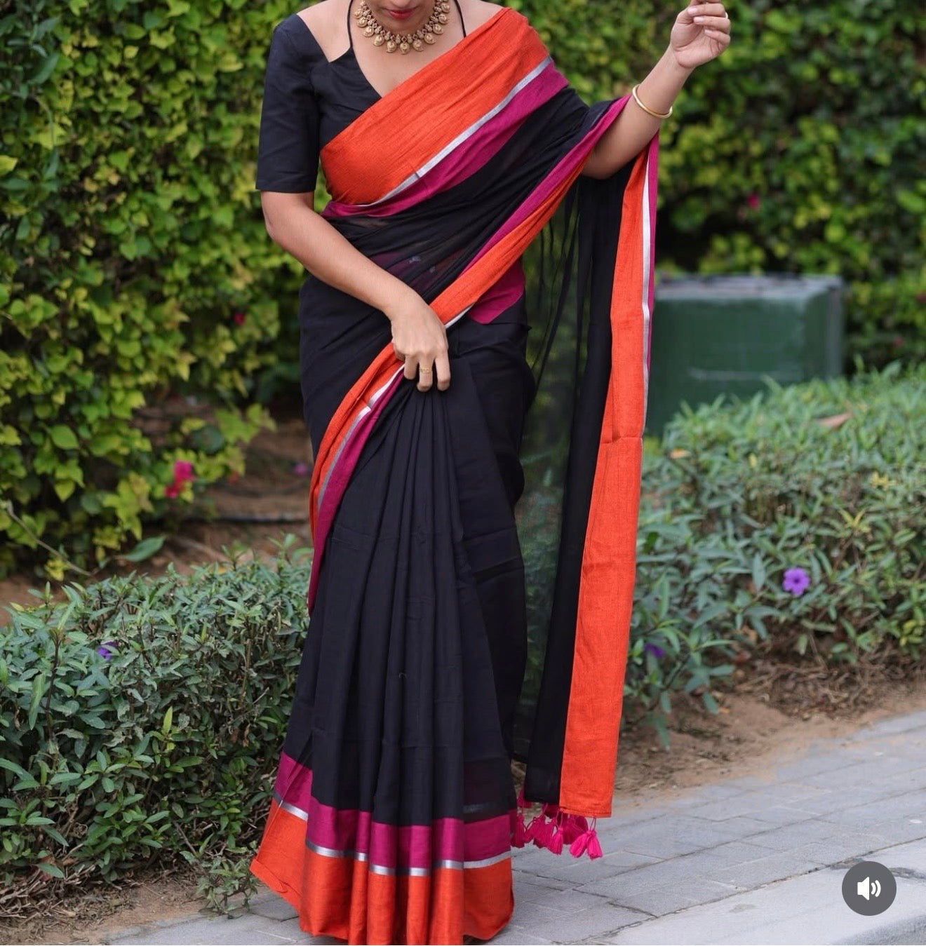 Rang - Black - Orange and Pink Mul Cotton Saree
