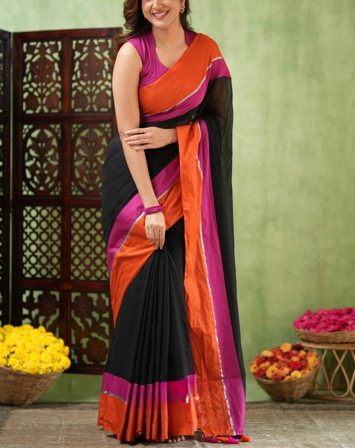 Rang - Black - Orange and Pink Mul Cotton Saree