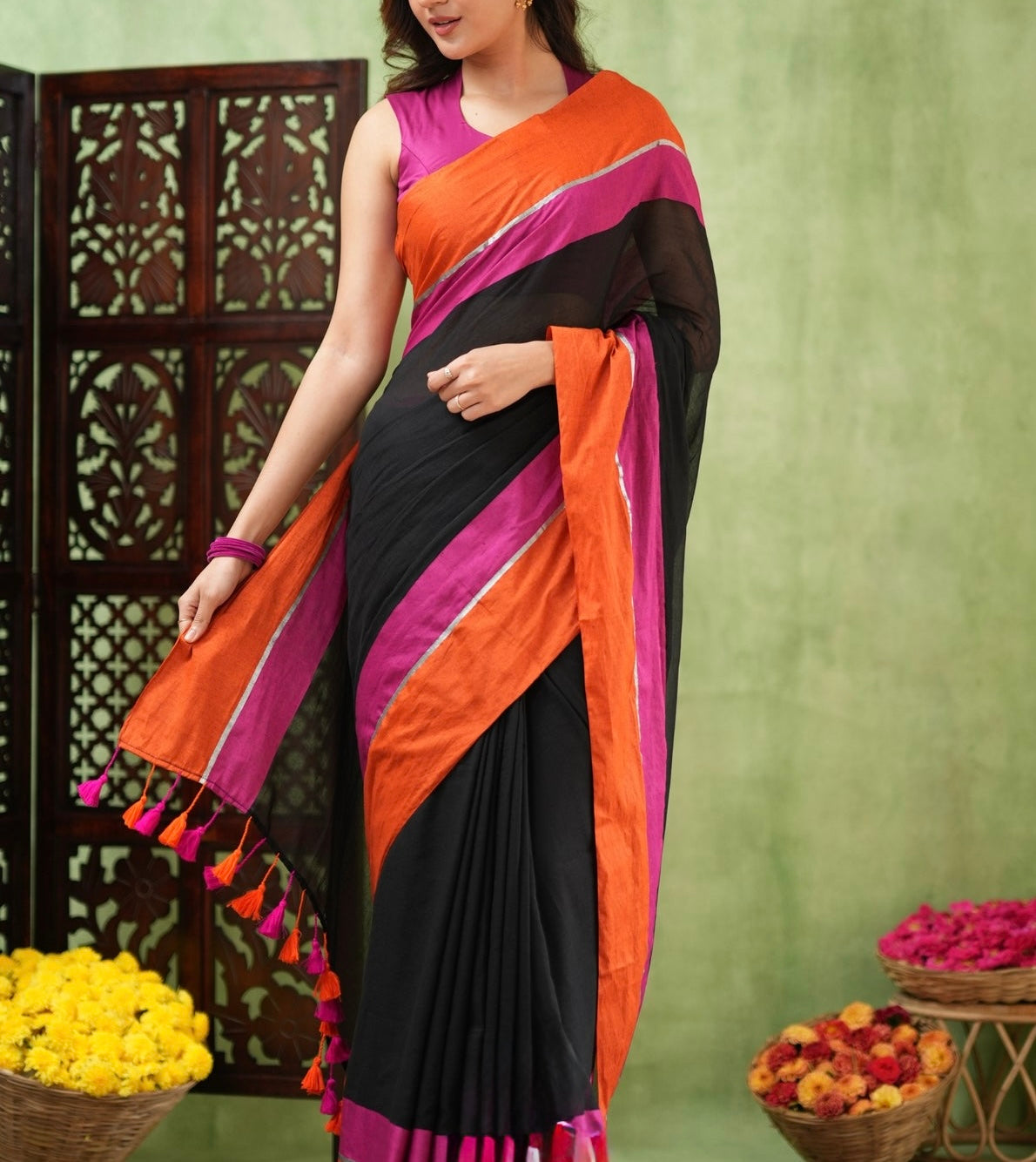 Rang - Black - Orange and Pink Mul Cotton Saree