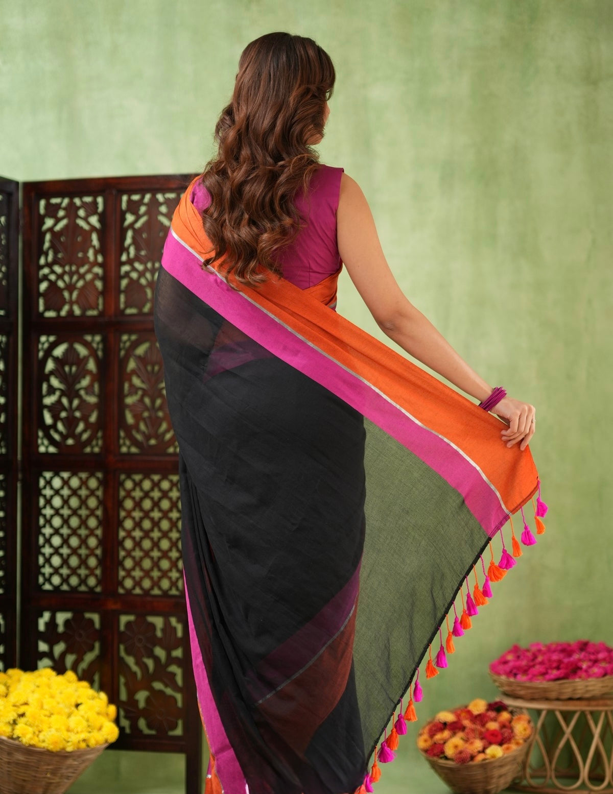 Rang - Black - Orange and Pink Mul Cotton Saree