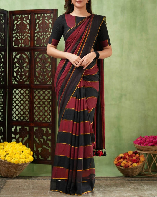 Raga - Red and Black Stripes Mul Cotton Saree
