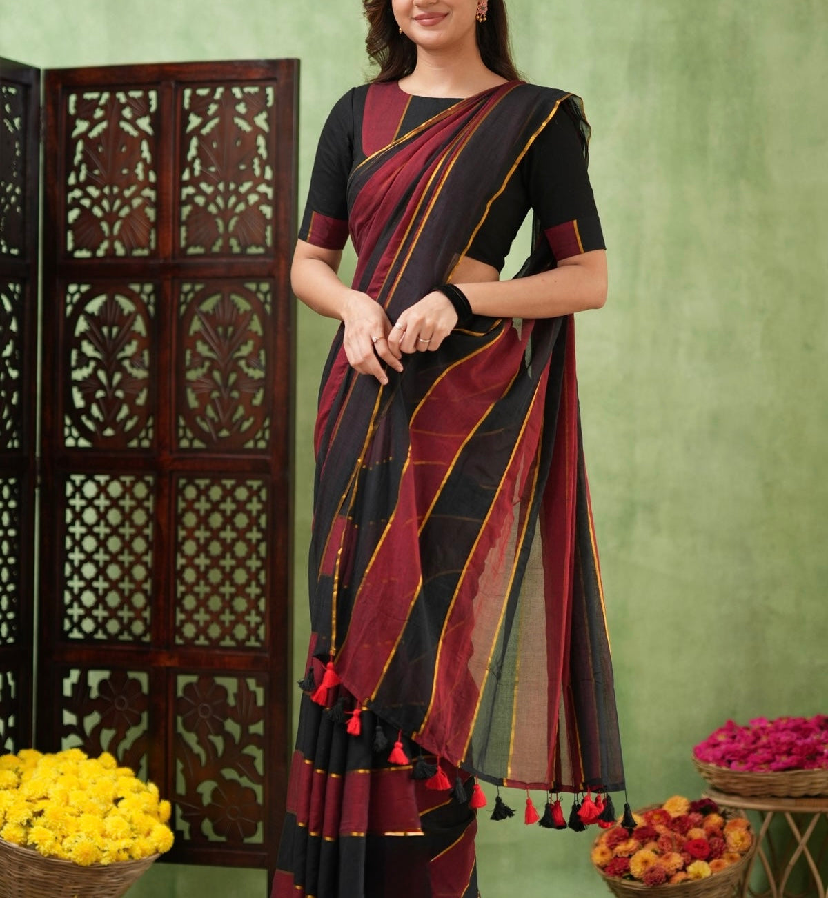 Raga - Red and Black Stripes Mul Cotton Saree