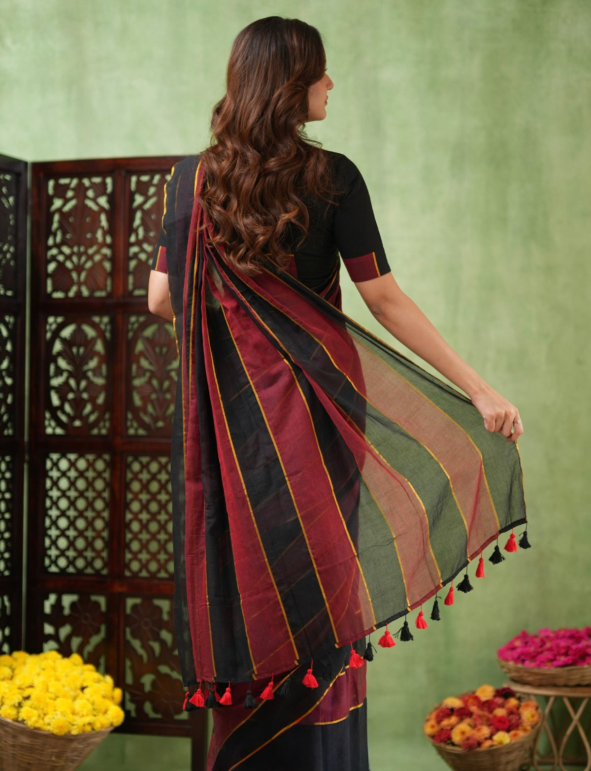 Raga - Red and Black Stripes Mul Cotton Saree