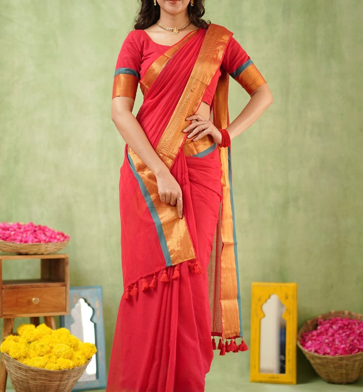 Rang - Red and Green Mul Cotton Saree