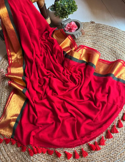 Rang - Red and Green Mul Cotton Saree