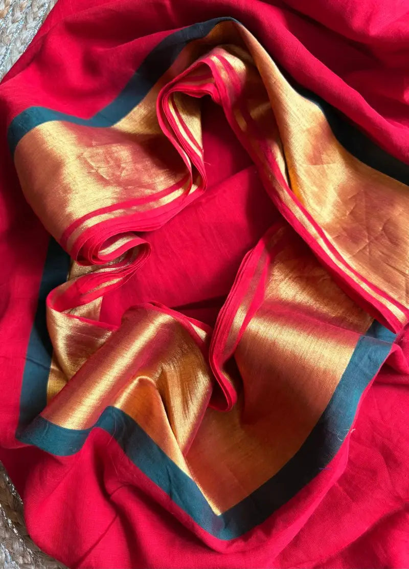 Rang - Red and Green Mul Cotton Saree