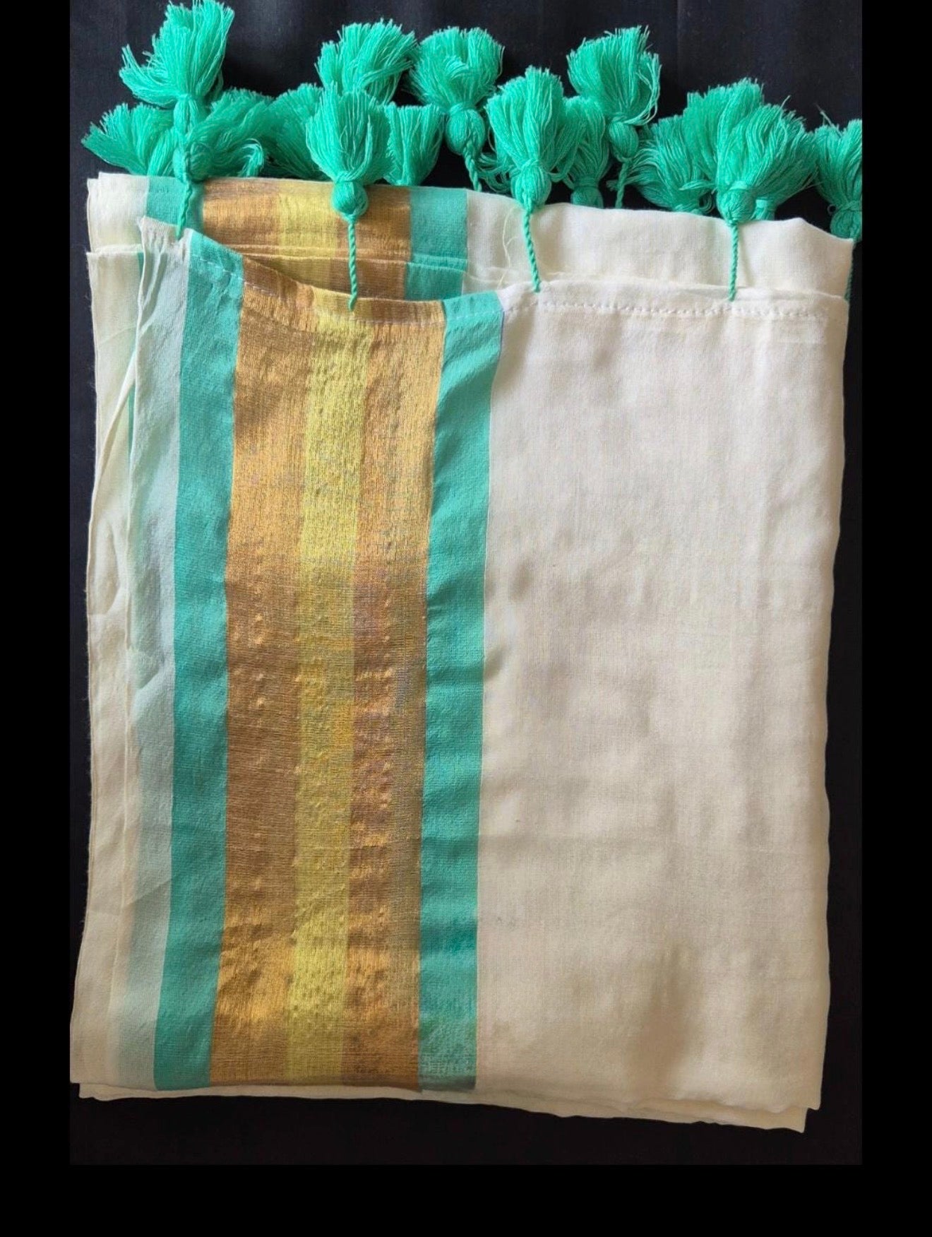 Manga - Teal and White Mul Cotton Saree | Kerala Onam Saree