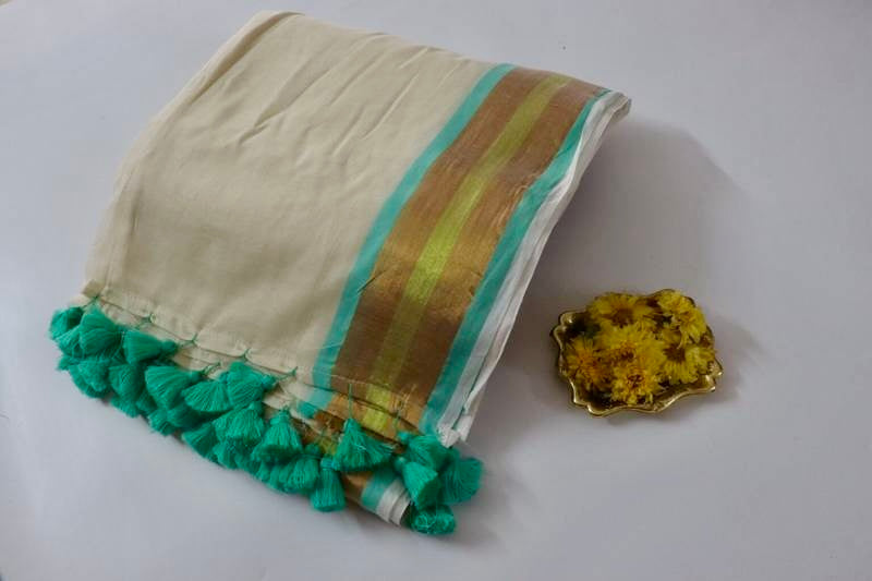 Manga - Teal and White Mul Cotton Saree | Kerala Onam Saree