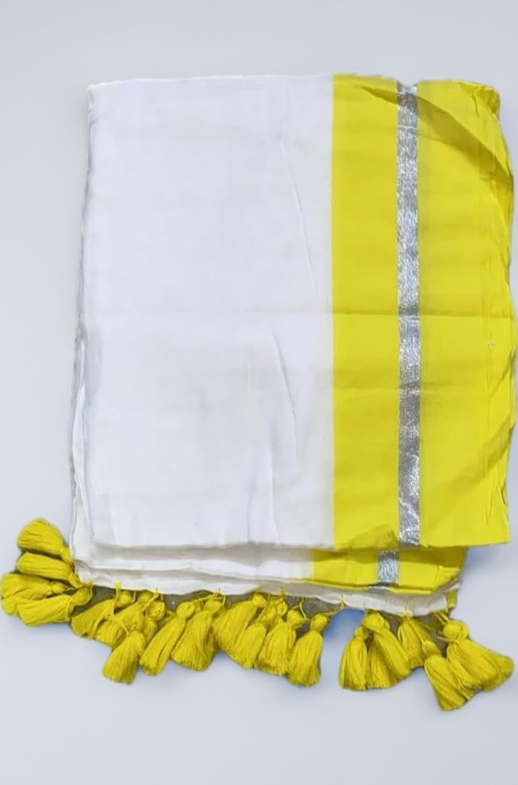 Manga - Lemon Yellow and White Mul Cotton Saree | Kerala Onam Saree