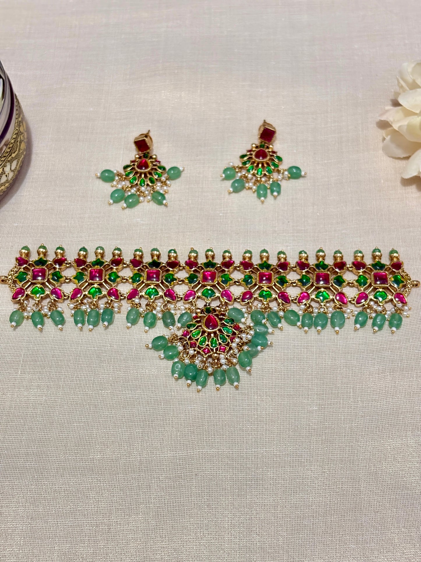 Jadau Kundan Pink and Green Choker