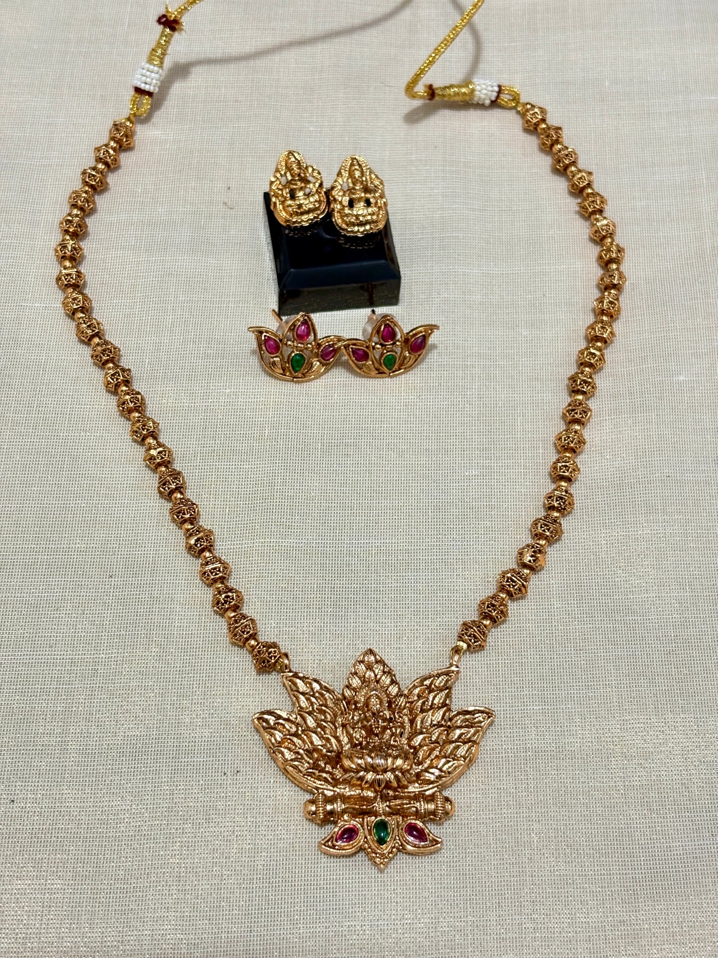 Reversible Lotus Pendant Necklace with Matching Earrings | Golden Bead Indian Jewelry Set | Ethnic Temple & Festive Wear