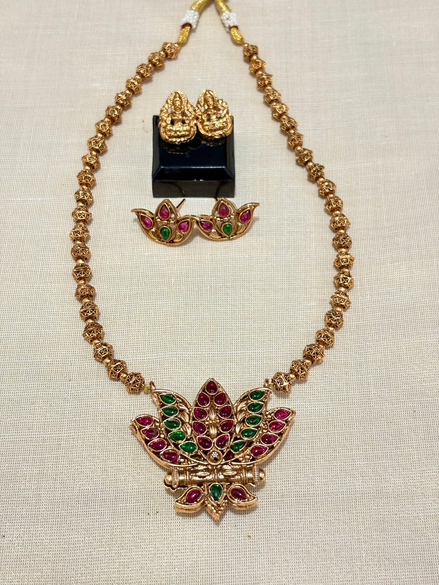 Reversible Lotus Pendant Necklace with Matching Earrings | Golden Bead Indian Jewelry Set | Ethnic Temple & Festive Wear