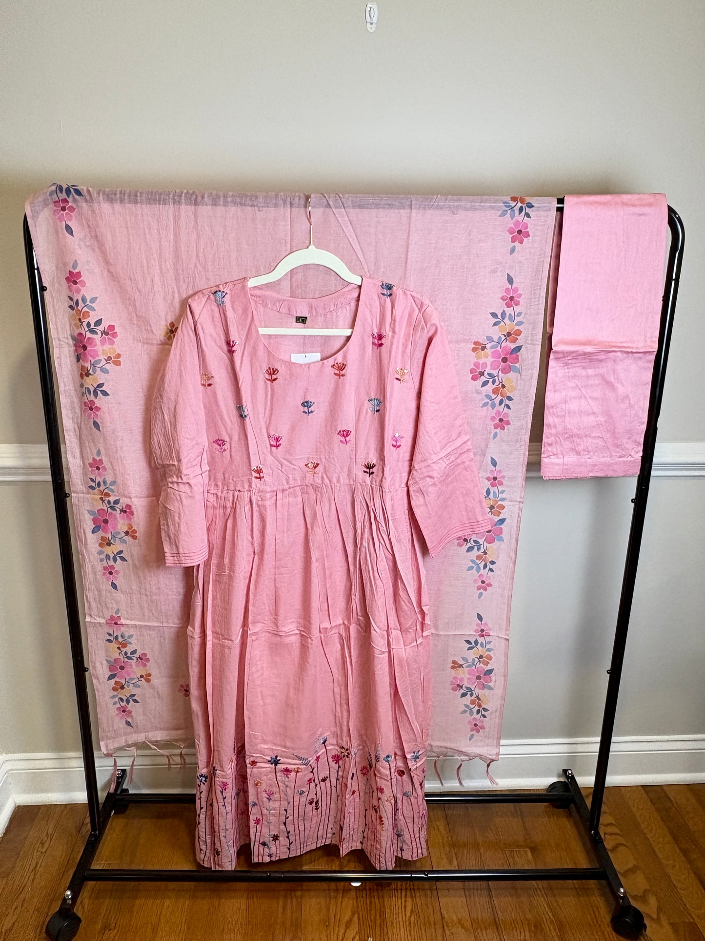 Pastel Pink 3-piece Suit Set with Hand-Embroidered Floral Yoke,Hem and Hand Painted Dupatta