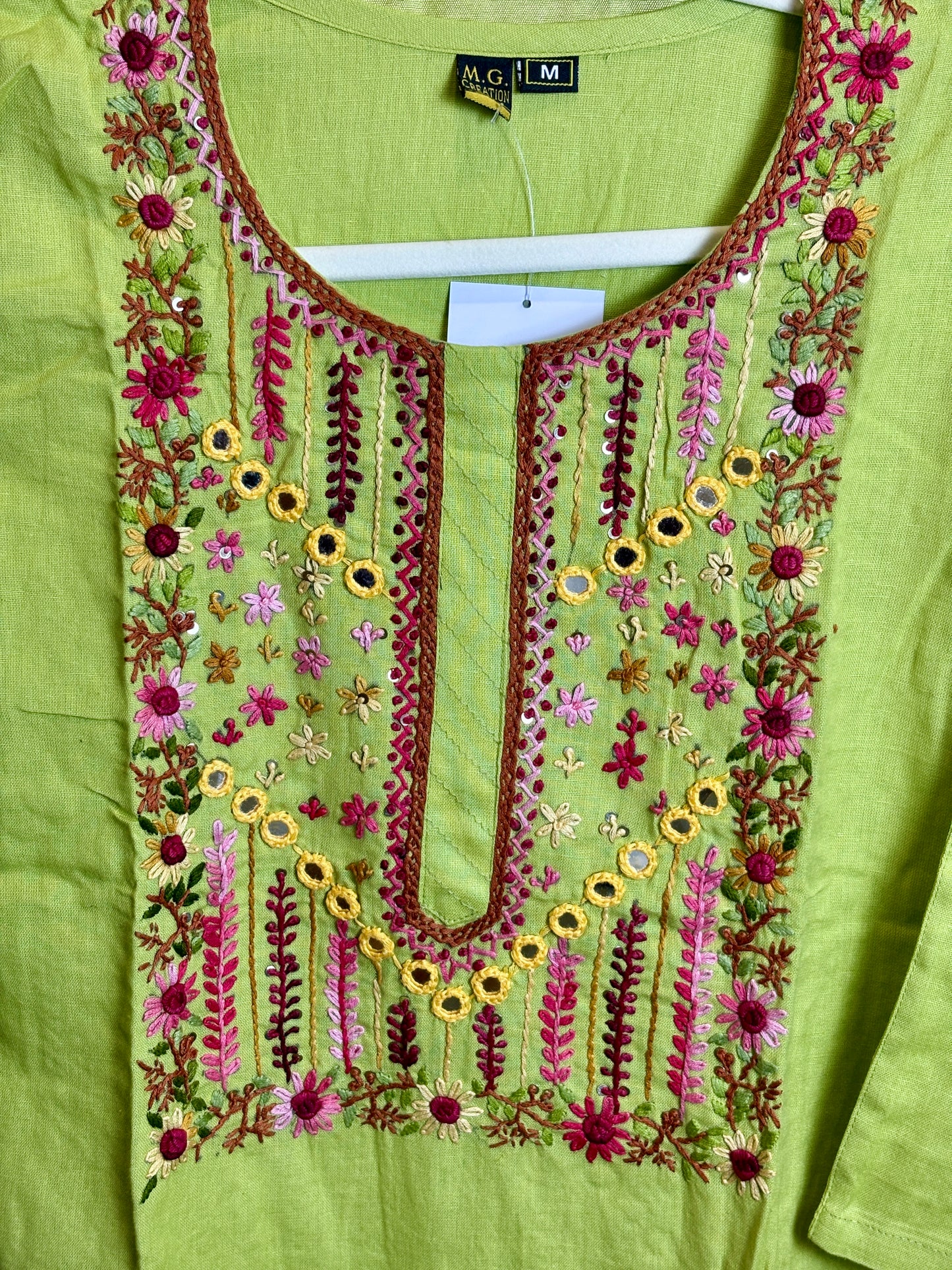 Green 3-piece Suit Set with Hand-Embroidered Floral Work and Block Print Dupatta