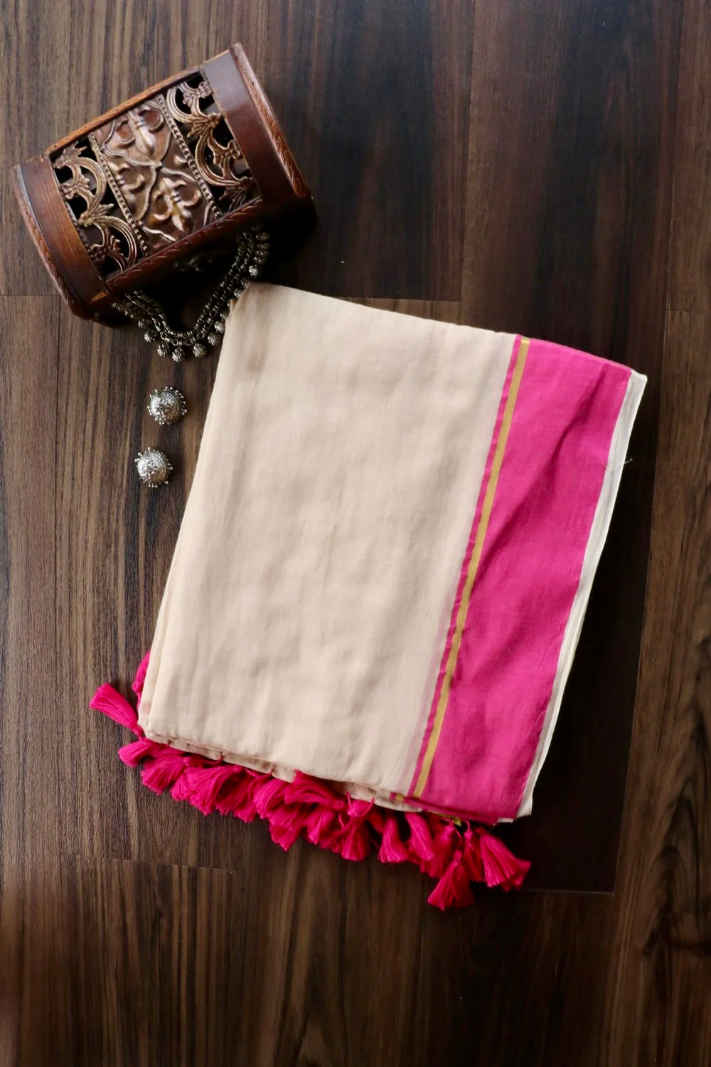 Manga - Pink Green and White Mul Cotton Saree | Kerala Onam Saree