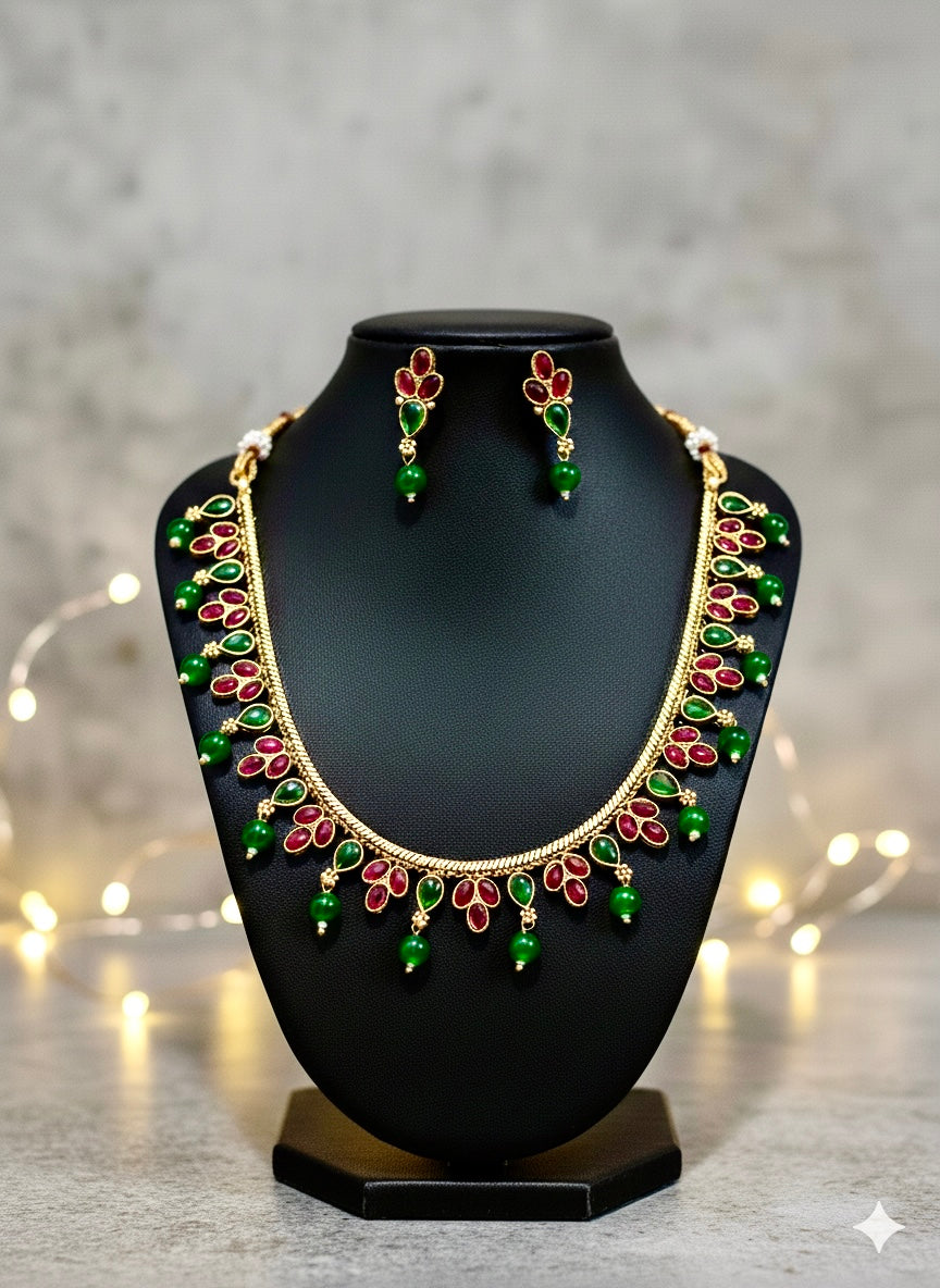 Red and Green Tear Drop Necklace | Indian Jewelry for Women | Ethnic Handmade Necklace | Wedding & Festive Wear