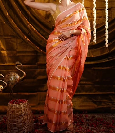Mridula - Pastel Peach Stripes Mul Cotton Saree