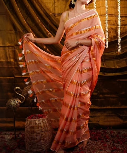 Mridula - Pastel Peach Stripes Mul Cotton Saree