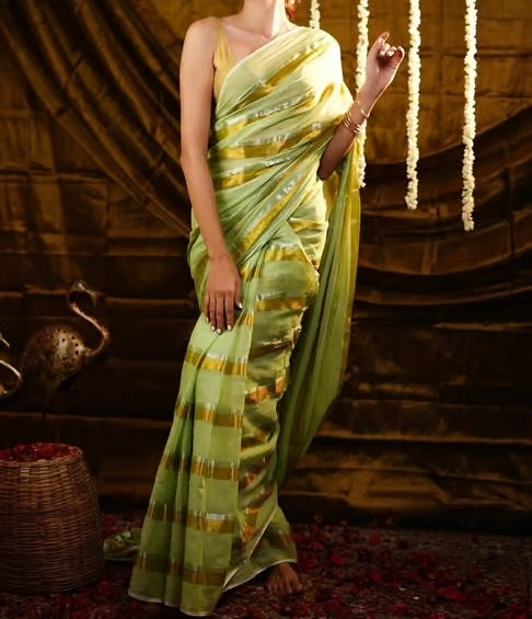Mridula - Pastel Green Stripes Mul Cotton Saree