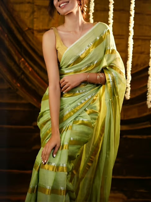 Mridula - Pastel Green Stripes Mul Cotton Saree