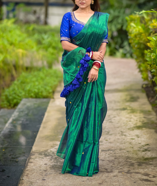 Mayoora - Peacock Green Tissue Saree with Sequins