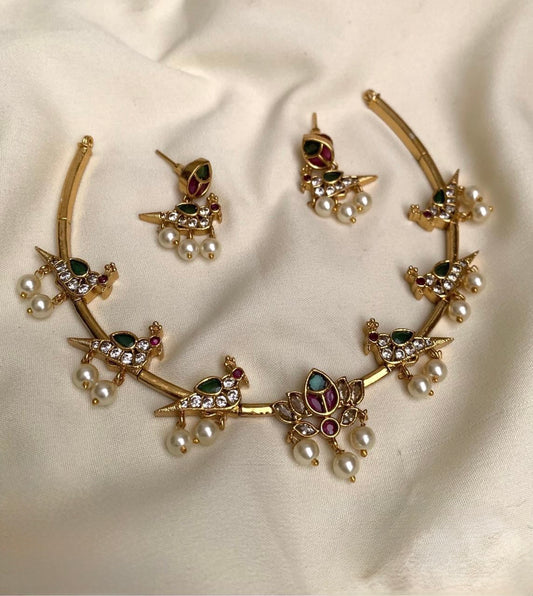 Mayoori - Peacock Design Necklace Set with Pearls