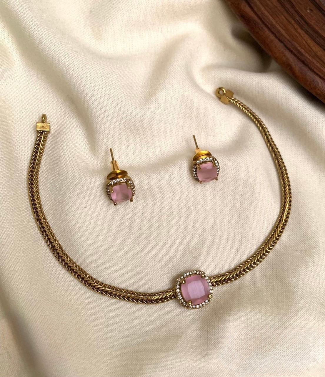 Sundari - Pink Stone Necklace & Earring Set
