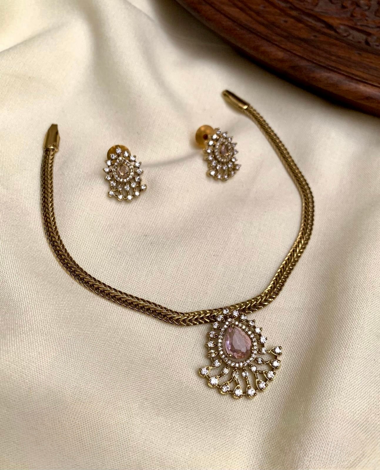Mira - Pale Pink AD Pendant Necklace Set with Matching Earrings