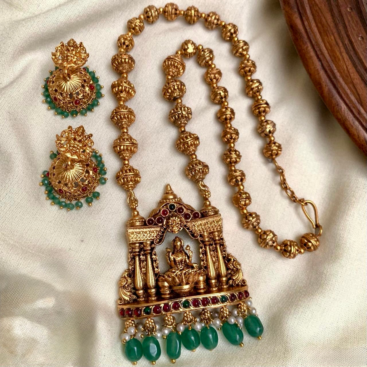 Gopura - Lakshmi Pendant with Golden Beads Chain and Jhumka