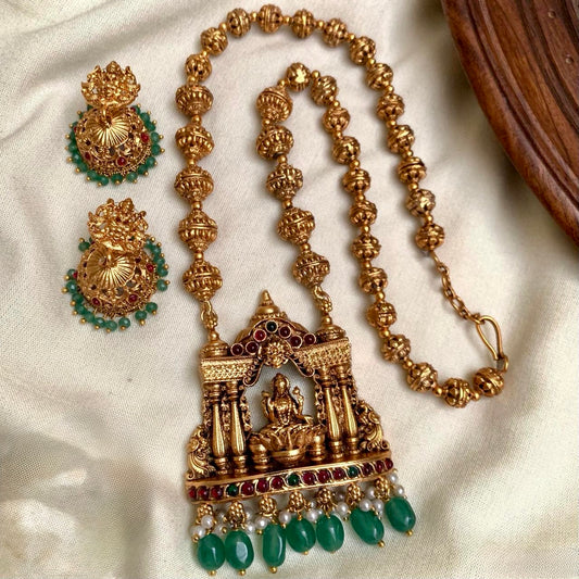 Gopura - Lakshmi Pendant with Golden Beads Chain and Jhumka