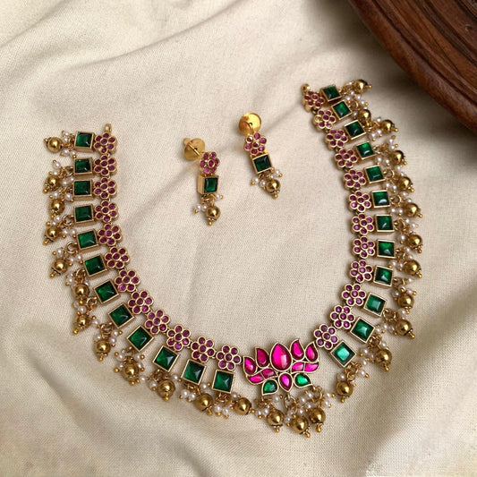 Padma - Pink and Green - Lotus and floral Premium Jadau Kundan Necklace Set