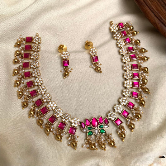 Padma - Pink and White - Lotus and floral Premium Jadau Kundan Necklace Set