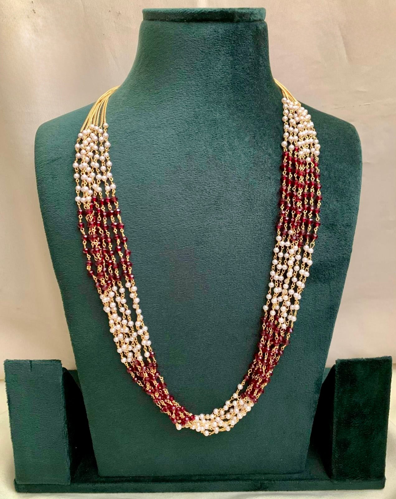 Nysa - White and Red Elegant Multi Layer Pearl and Crystal Bead Long Chain