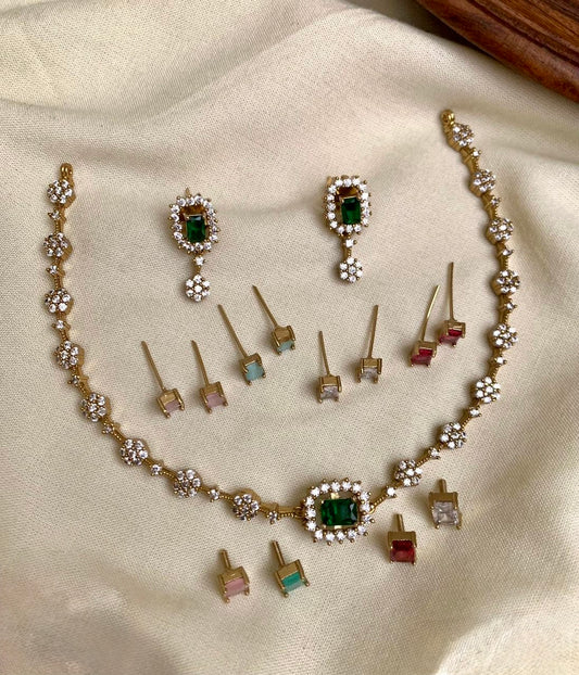 Ziya - Interchangeable Pendant & Earring Stone Floral AD Necklace Set