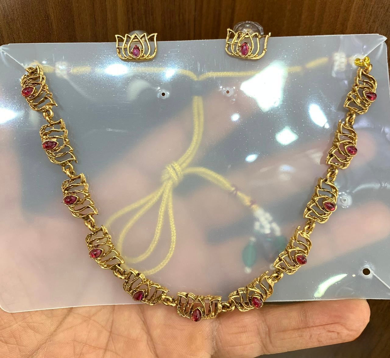 Kalyani - Red stone Lotus statement Necklace with Earring