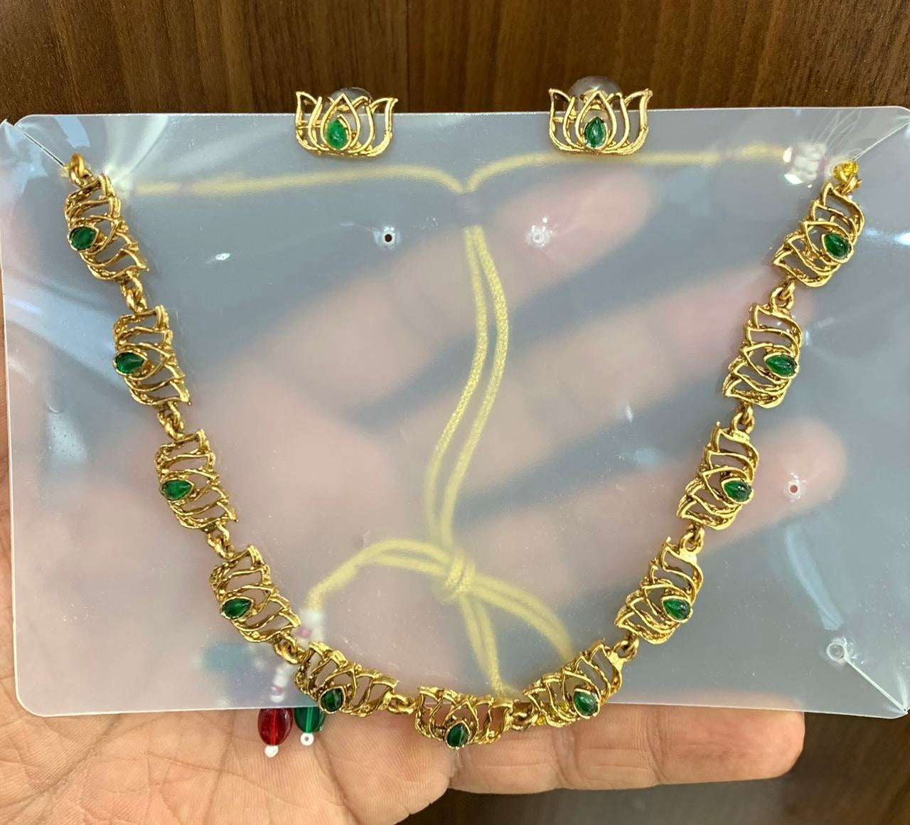 Kalyani - Green stone Lotus statement Necklace with Earring