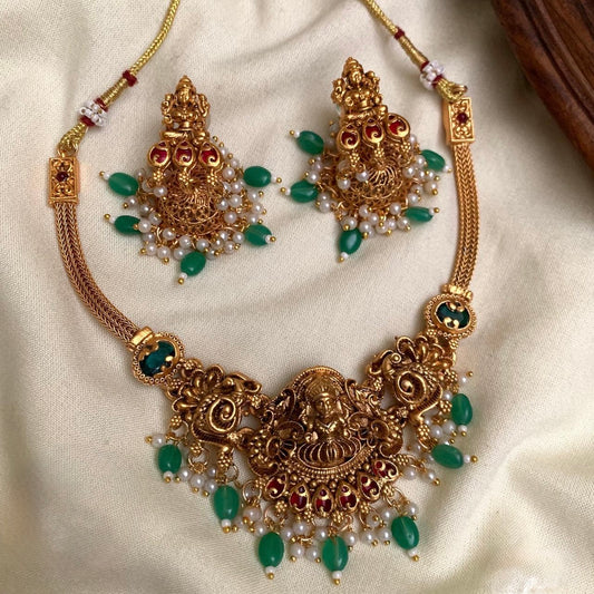 Indira - Statement Green Lakshmi Necklace Set with Matching Jhumka Earrings