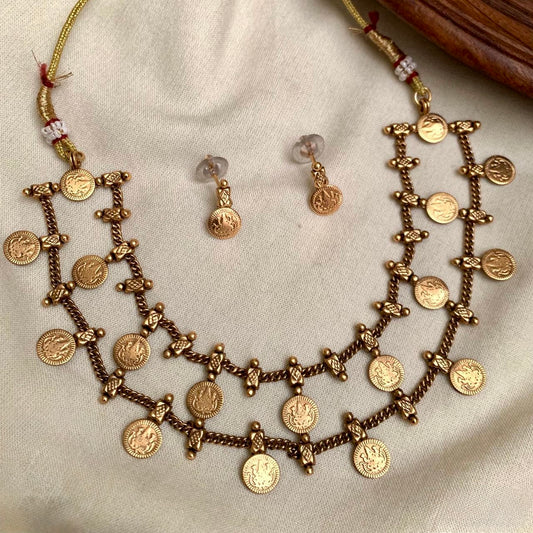Jaya -Double Layer Kaashu Coin Necklace Set with Matching Earrings