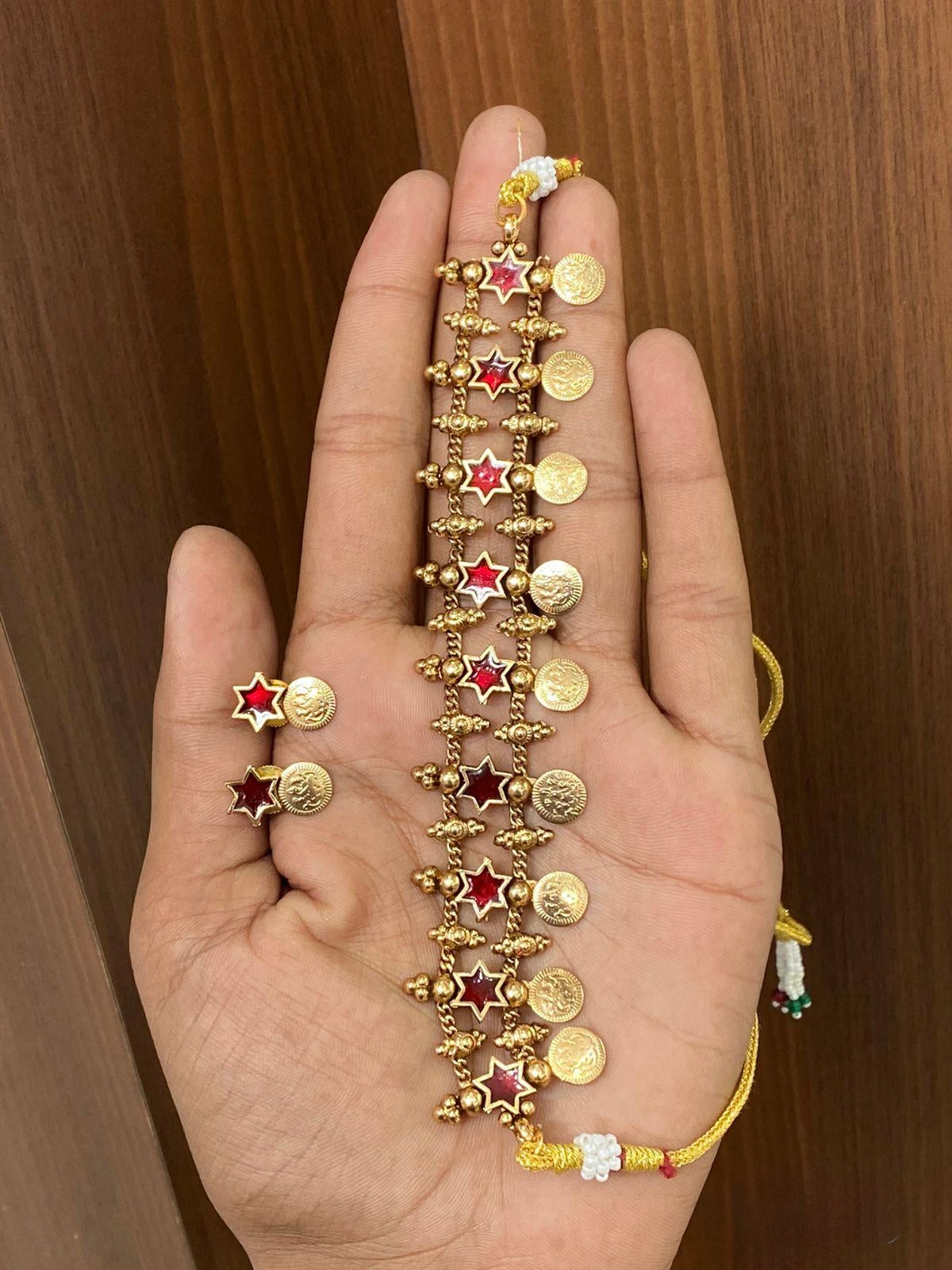 Sitara - Green Red Kaashu Coin and Star Enamel Choker Necklace Set with Matching Earrings