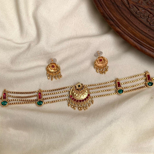 Nitya- Statement Multi-Layer Choker Necklace Set with Matching Earrings