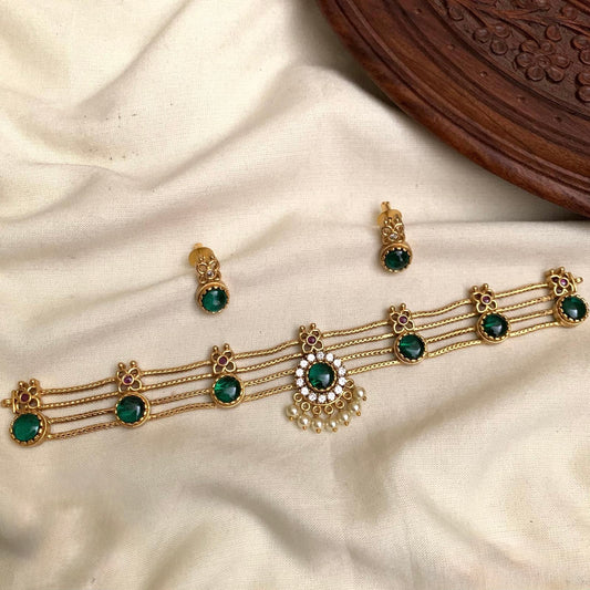 Leela - Green Stone Multi-Layer Choker Necklace Set with Matching Earrings