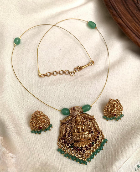 Ananya - Invisible Green Lakshmi Pendant Necklace Set with Matching Earrings