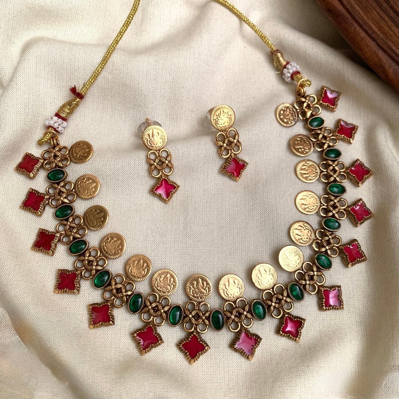 Ira - Red and Green Kaashu Coin Necklace Set with Matching Earrings