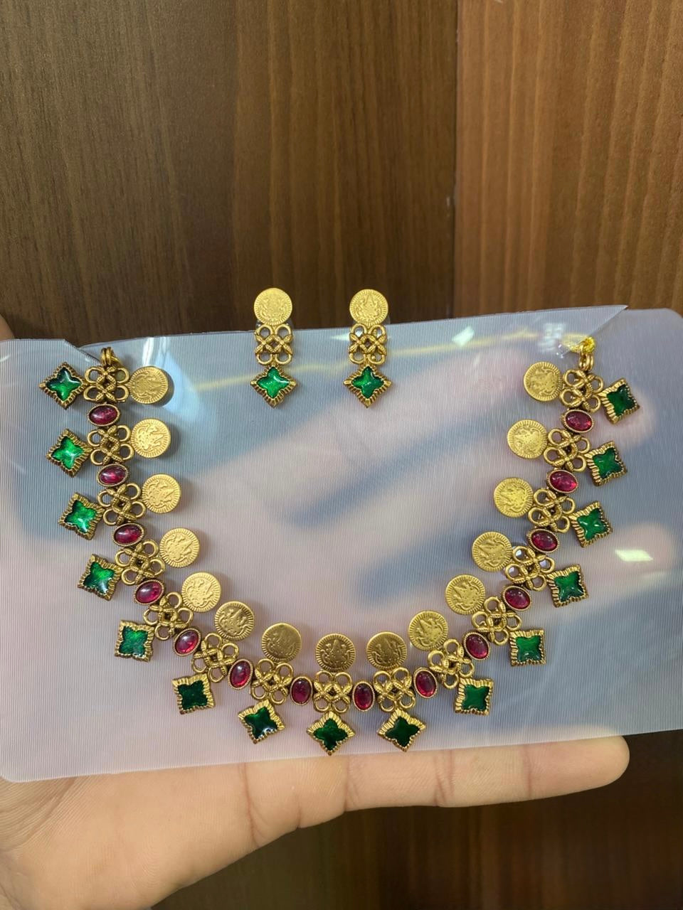 Ira - Green and Red Kaashu Coin Necklace Set with Matching Earrings