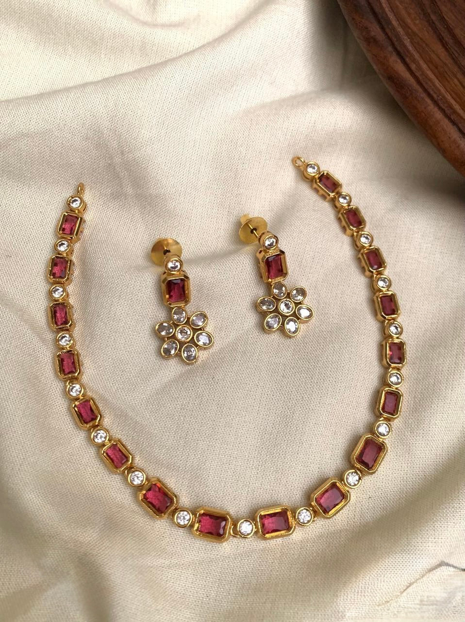 Neha - Red and White elegant Kundan stone necklace with matching earring